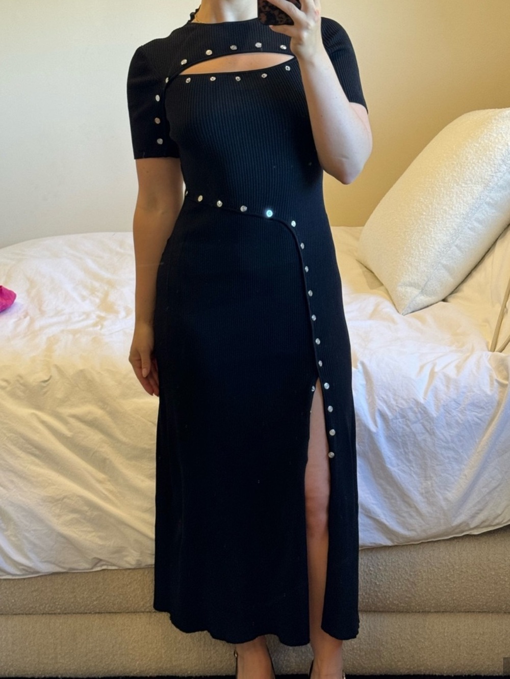 Maje Black Ribbed Midi Dress with Pearl Button Trim